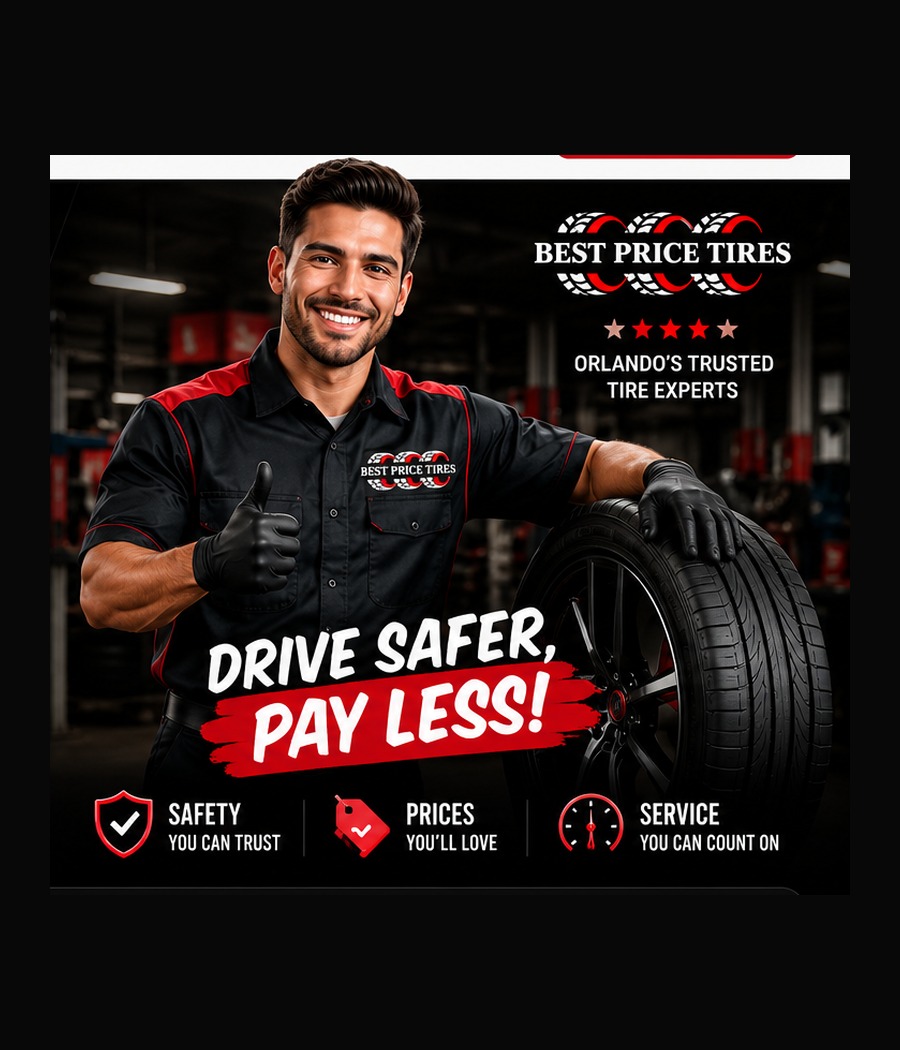 Best Price Tires technician with a tire and the message Drive Safer, Pay Less